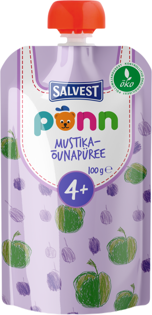 PÕNN Ökoloogiline Mustika-õunapüree 100 g 4+