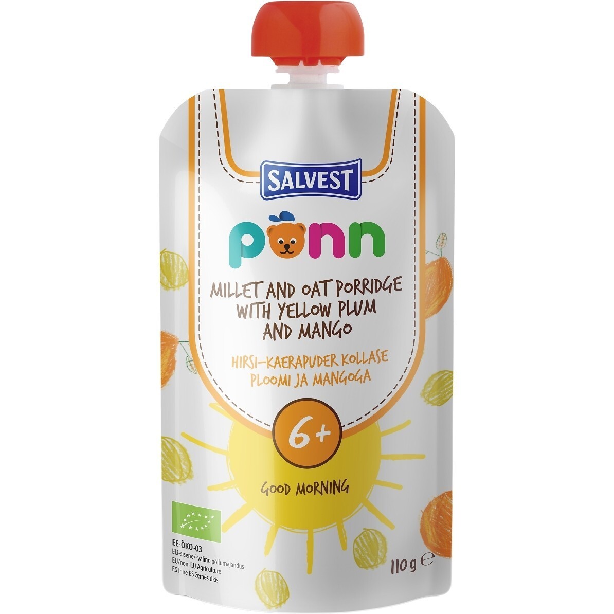 PÕNN Ökoloogiline Hirsi-kaerapuder kollase ploomi ja mangoga TERE HOMMIKUST 110 g 6+