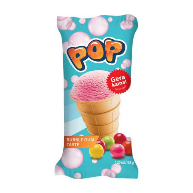 Närimiskummimaitseline jäätis vahvlitopsis "POP" 63g