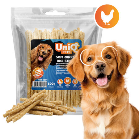 UNIQ PETS koerasnäkid 500g pehmed,lihased kana-riisipulgad
